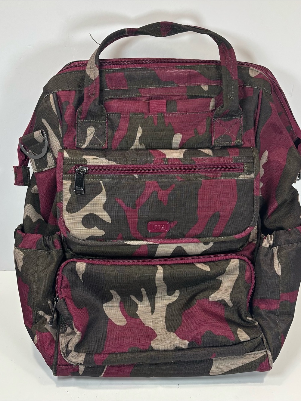 Lug Via Convertible Crossbody Tote Bag Backpack Carry-On 3 in 1 Purple Camo